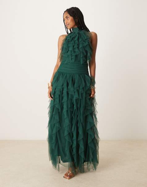 Lace & Beads halter neck tulle maxi dress in emerald green 