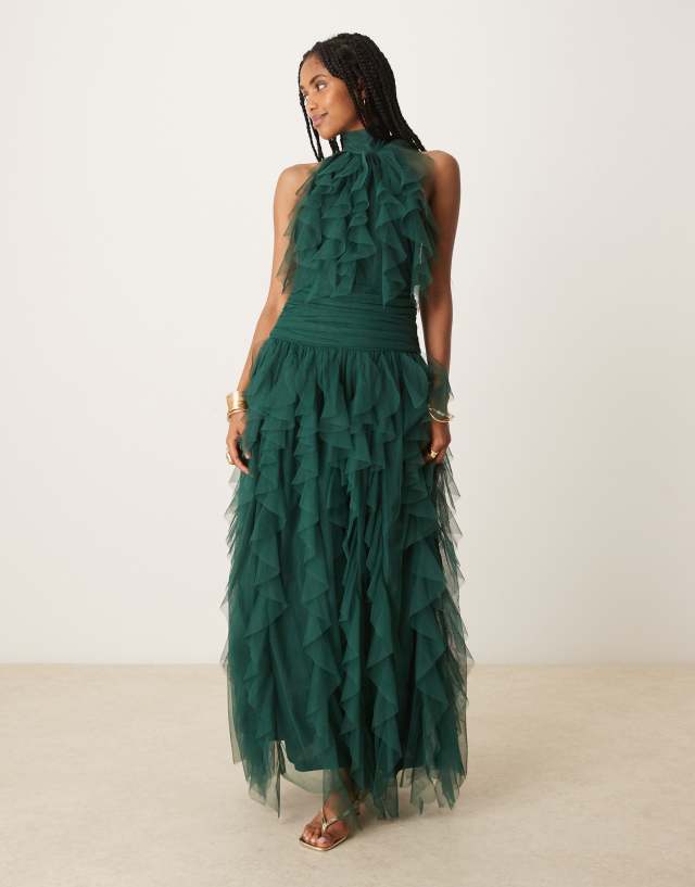 Lace & Beads halter neck tulle maxi dress in emerald green