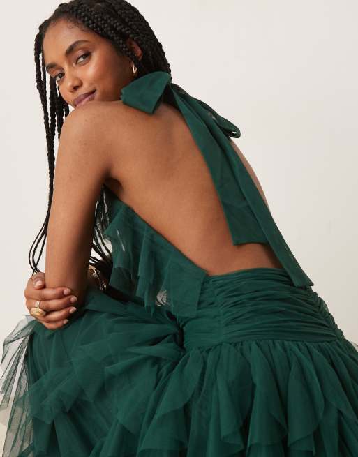 Lace & Beads halter neck tulle maxi dress in emerald green | ASOS