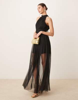 Lace & Beads halter neck tulle sheer skirt maxi dress in black