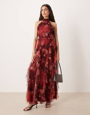 Lace & Beads halterneck ruffle maxi dress in deep rose print