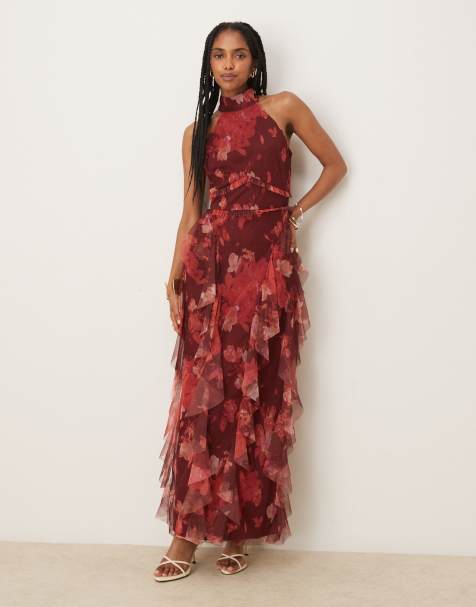 Lace & Beads halterneck ruffle midaxi dress in deep red floral - view 1