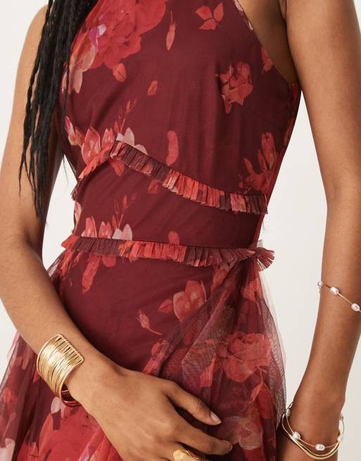 Lace & Beads halterneck ruffle midaxi dress in deep red floral | ASOS
