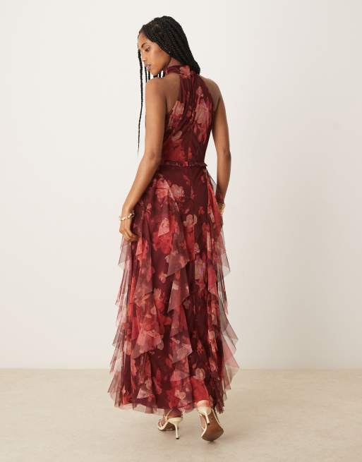Lace & Beads halterneck ruffle midaxi dress in deep red floral | ASOS