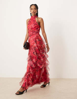 Lace & Beads Lace & Beads halterneck ruffle midaxi dress in oversized red floral