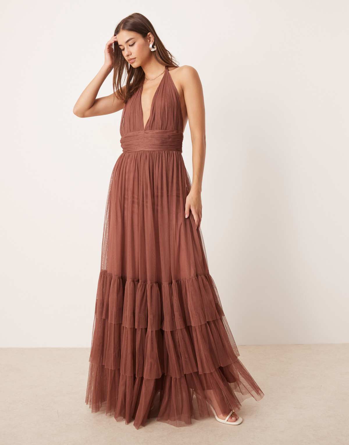 Lace & Beads halterneck tiered maxi dress in rose brown