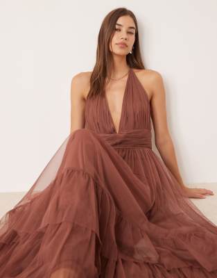 Lace & Beads halterneck tiered maxi dress in rose brown
