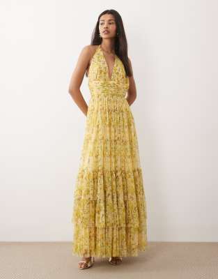 Lace & Beads Halterneck Tiered Tulle Maxi Dress In Yellow