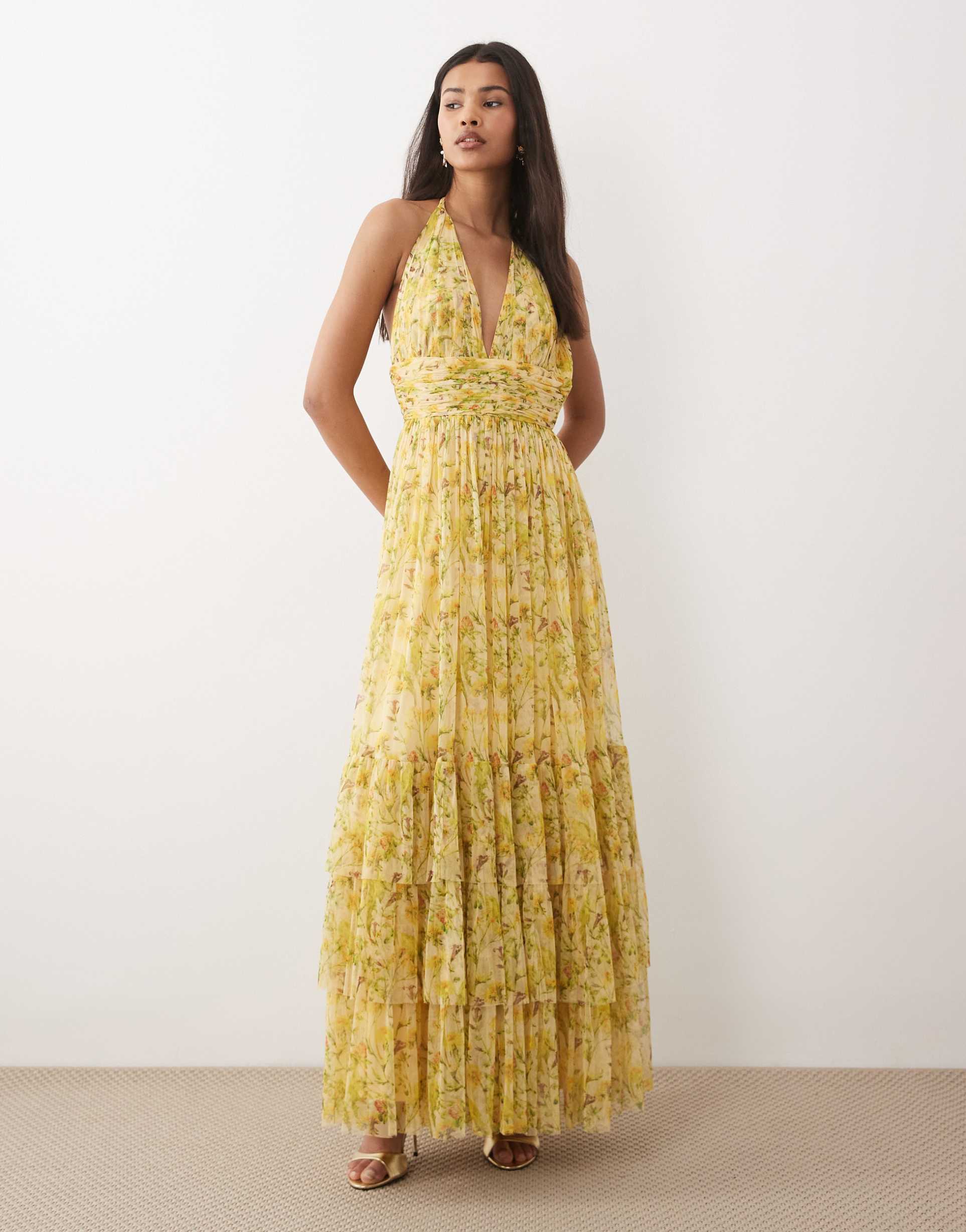 lace & beads halterneck tiered tulle maxi dress in yellow floral