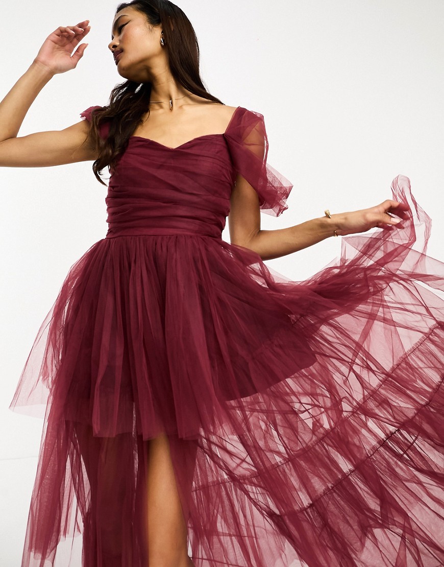 Lace & Beads High Low Tulle Maxi Dress In Deep Red