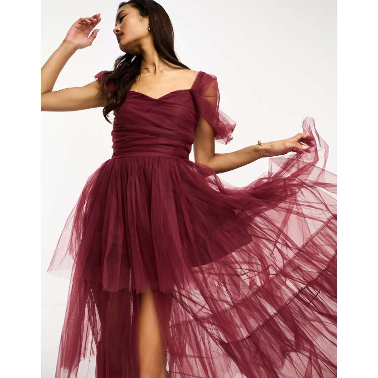 Lace Beads high low tulle maxi dress in deep red ASOS