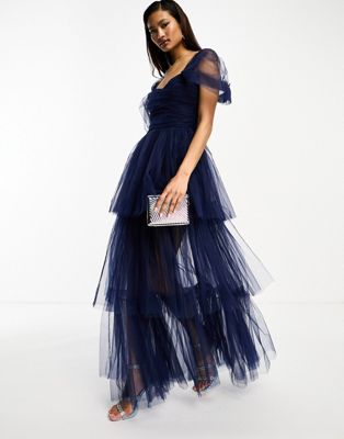 Lace & Beads high low tulle maxi dress In galactic cobalt