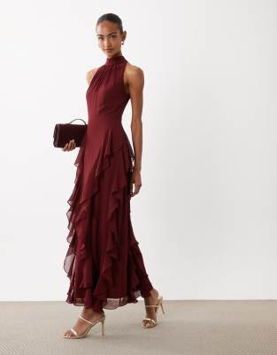 Lace & Beads High Neck Backless Ruffle Maxi Dress In Red