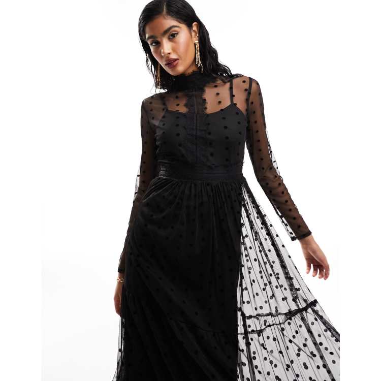 Lace Beads high neck lace tulle midaxi dress in black