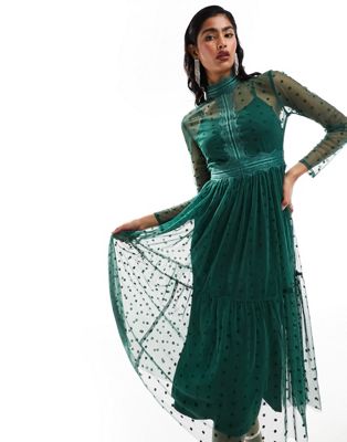 Lace & Beads high neck lace tulle midaxi dress in emerald