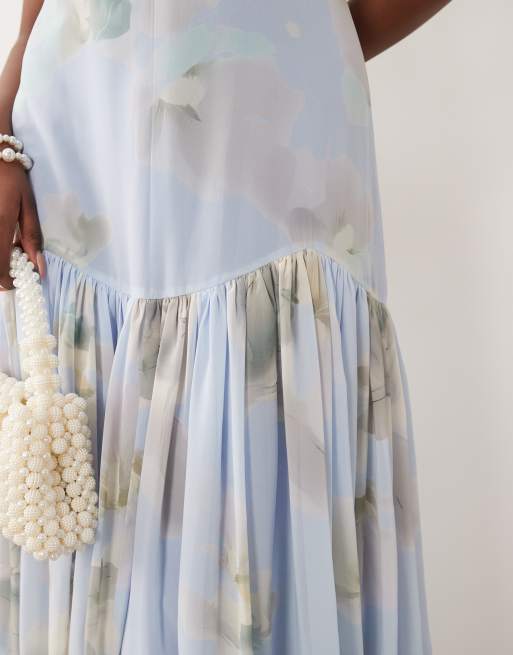 Lace & Beads high neck sleeveless dropped waist full skirted chiffon maxi dress in blue, 2 of 4