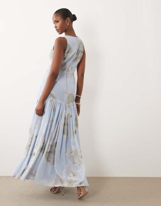 Lace & Beads high neck sleeveless dropped waist full skirted chiffon maxi dress in blue, 3 of 4