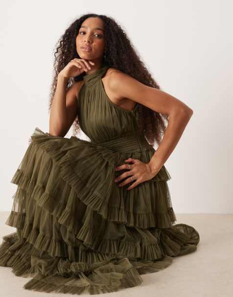 Lace & Beads high neck tiered tulle maxi dress in olive - view 1