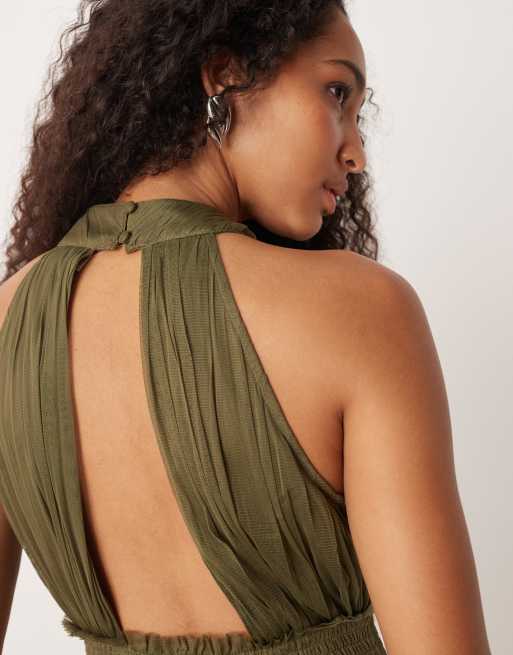 Lace & Beads high neck tiered tulle maxi dress in olive