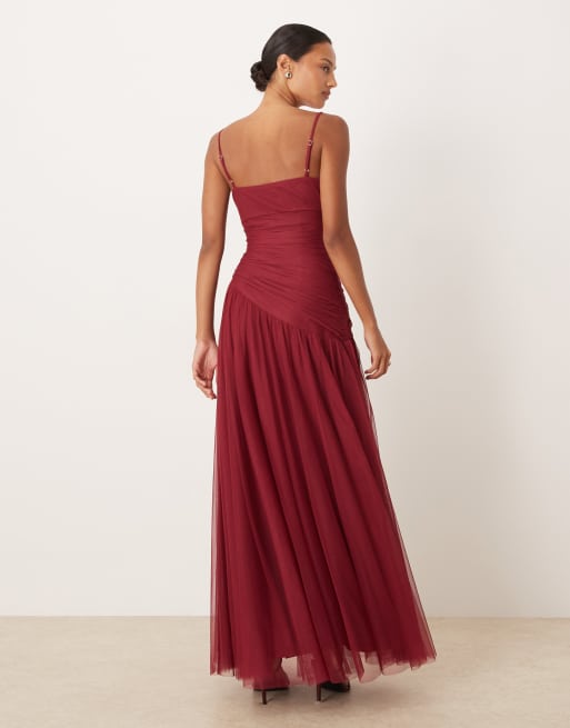 Lace & Beads - Hindbærrød cami-maxikjole i tyl med hjerteformet hals og asymmetrisk lavtsiddende talje, 4 af 4