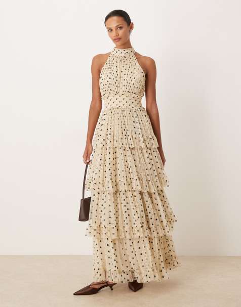 Lace & Beads - Hoogsluitende maxi jurk van tule met stroken in crème met zwarte stippen - view 1