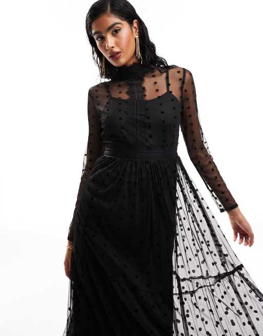 Lace & Beads - Hoogsluitende midaxi jurk van kant en tule in zwart