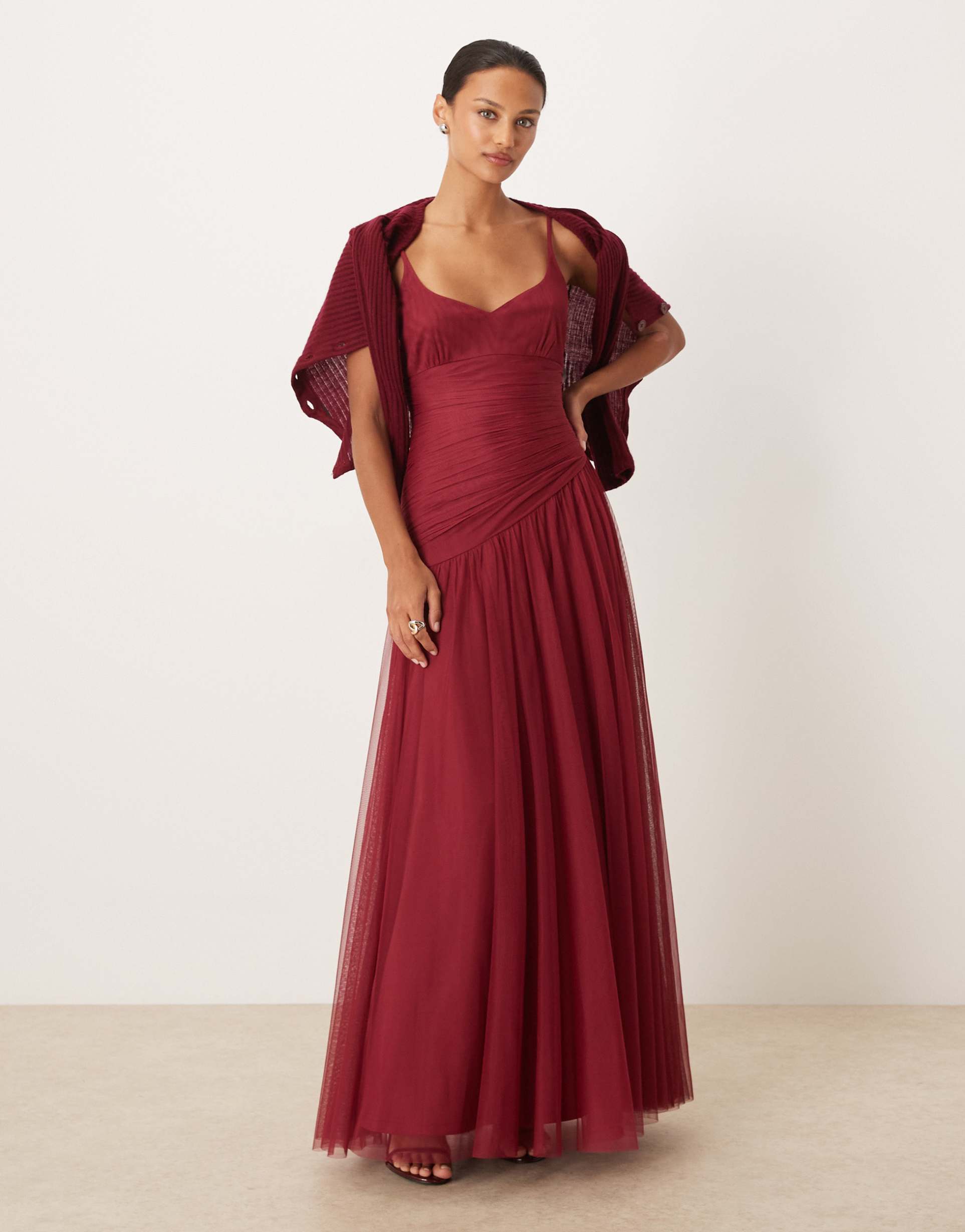 lace & beads hosanna asymmetric drop waist maxi dress in raspberry