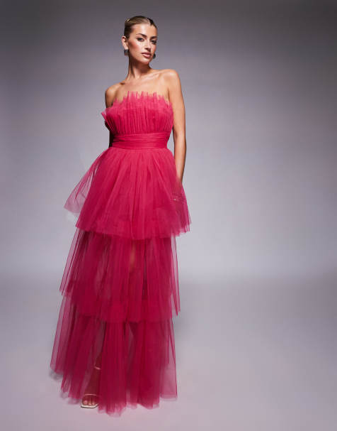 Lace & Beads – Jaskraworóżowa tiulowa sukienka maxi z dekoltem bandeau - view 1
