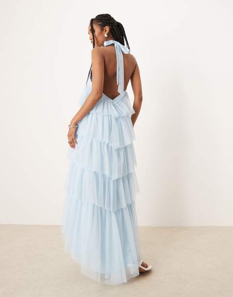 Lace & Beads – Jasnoniebieska warstwowa sukienka tiulowa maxi z odkrytymi plecami - view 1