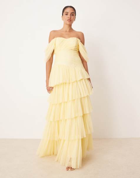Lace & Beads off shoulder tulle asymmetric maxi dress in buttercup