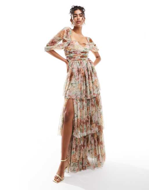 Lace & Beads - Jurk van tule met blote schouders en hoog-lage zoom in bruin met bloemenprint