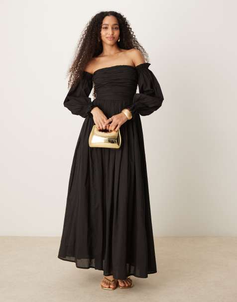 Lace & Beads - Katoenen maxi jurk met bardot ballonmouwen in zwart - view 1