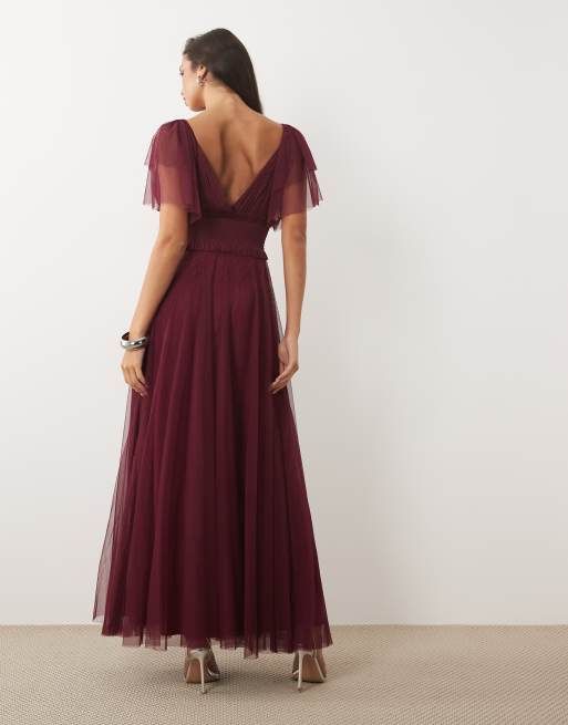 Lace & Beads klänning i maxi-längd med smockad midja, v-ringning, mesh och utsvängda ärmar i fig, 3 av 4