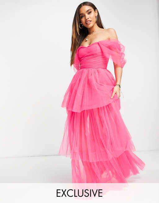 Lace & Beads – Klarrosa maxiklänning i tyll och off shoulder-modell – Endast hos ASOS
