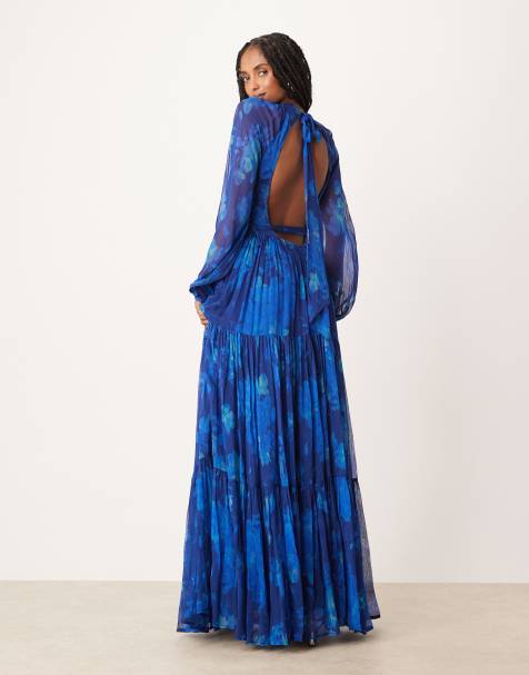 Lace & Beads chiffon balloon sleeve maxi dress in cobalt