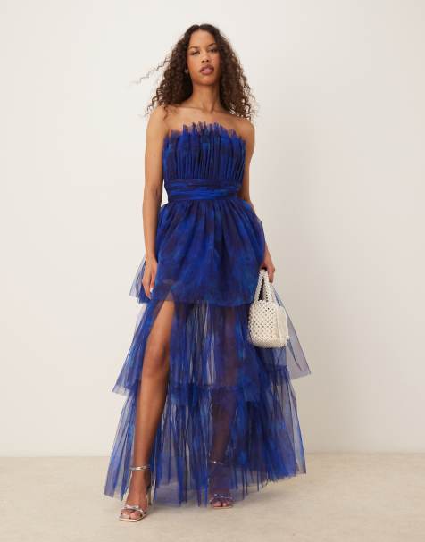 Lace & Beads bandeau tulle maxi dress in cobalt