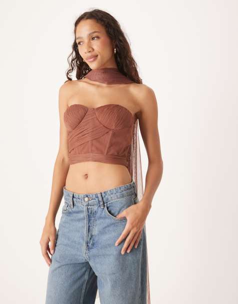 Lace & Beads - Korsettop van tule met sjaal om de hals in mokka - view 1