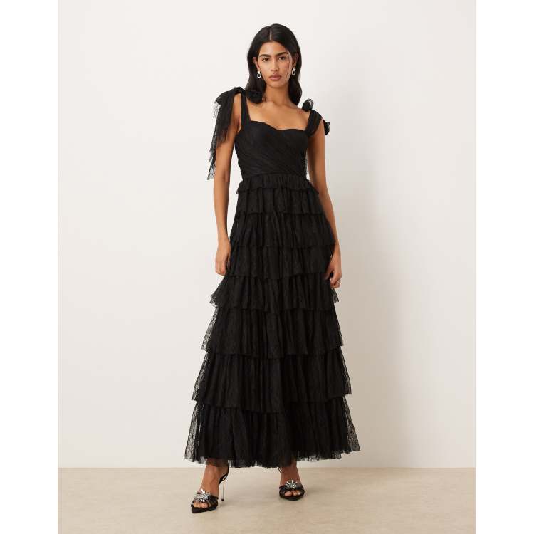 navy blue dress for baby girl Lulus Exquisite Refinement Backless Bow Ruffled Maxi Dress in Black main image 1