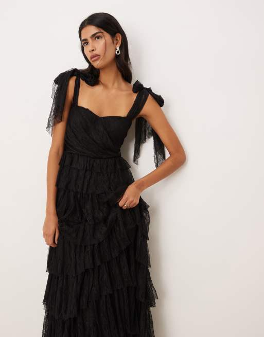 Lace Beads lace bow shoulder tiered maxi dress in black ASOS