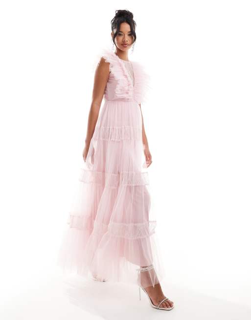 Lace & Beads lace insert tulle maxi dress in baby pink