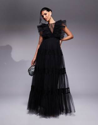 Lace & Beads Lace & Beads lace insert tulle maxi dress in black