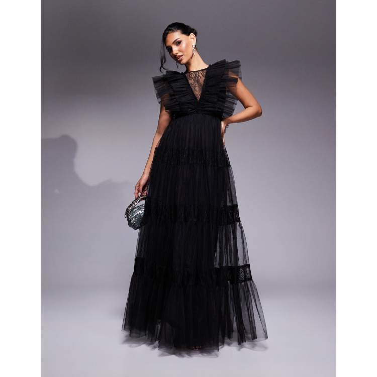 Lace & Beads lace insert tulle maxi dress in black | ASOS
