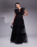 Lace & Beads lace insert tulle maxi dress in black