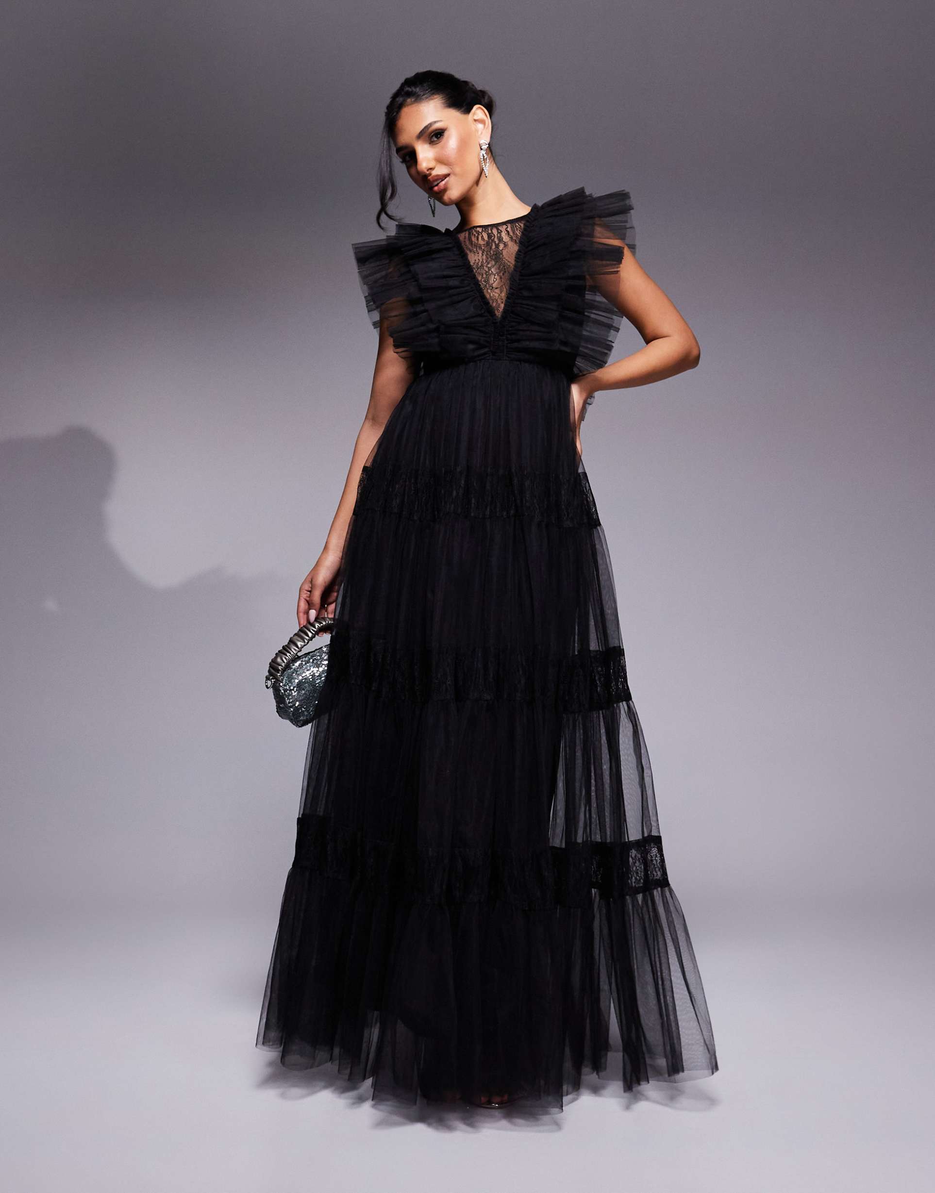 lace & beads lace insert tulle maxi dress in black