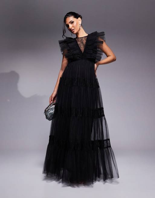 Lace Beads lace insert tulle maxi dress in black