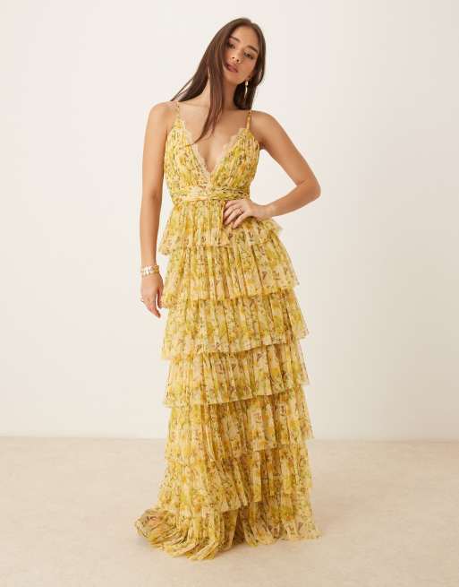 Lace & Beads lace trim tiered maxi dress in buttercup yellow floral