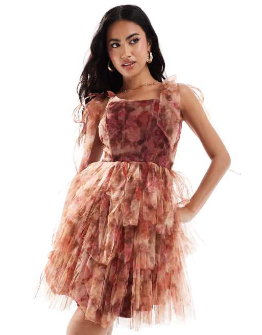 Lace & Beads lace-up corset bow shoulder tulle mini dress in rose print, 3 of 4