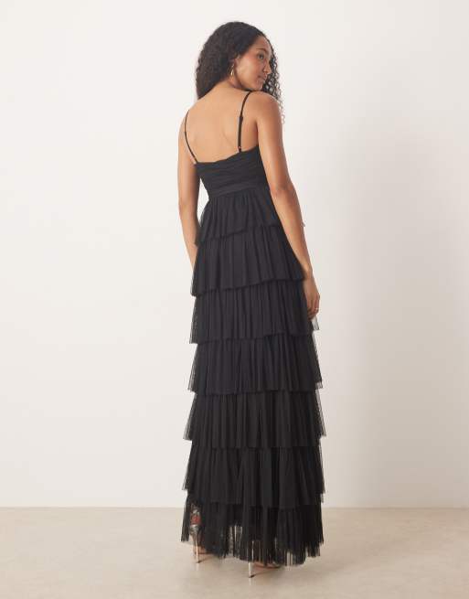 Lace & Beads - Lagdelt maxikjole i sort tyl med V-hals, 3 af 4