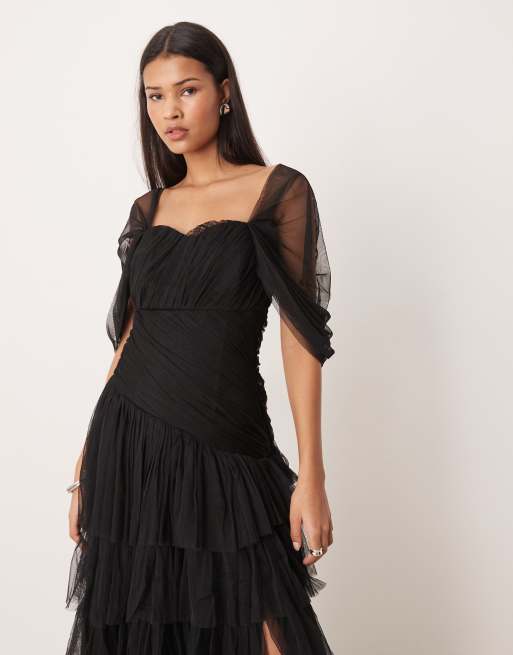 Lace & Beads - Lagdelt maxikjole med flæser i sort tyl, 4 af 4