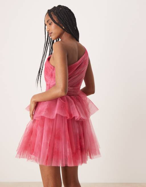 Lace & Beads - Lagdelt oneshoulder-minikjole i lyserødt ombre-print, 3 af 4